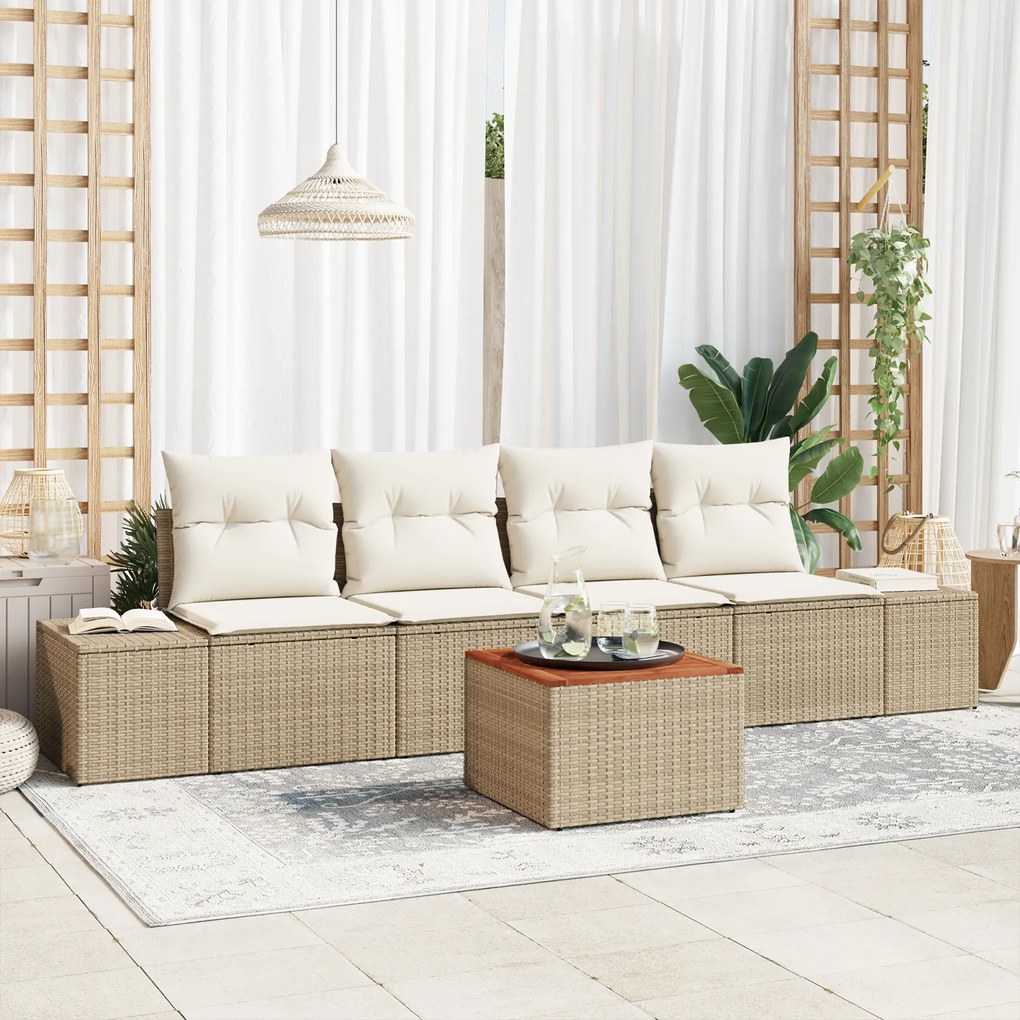 Conjunto de Sofás de Jardim de 5 Peças com Almofadas Bege Poli Rattan