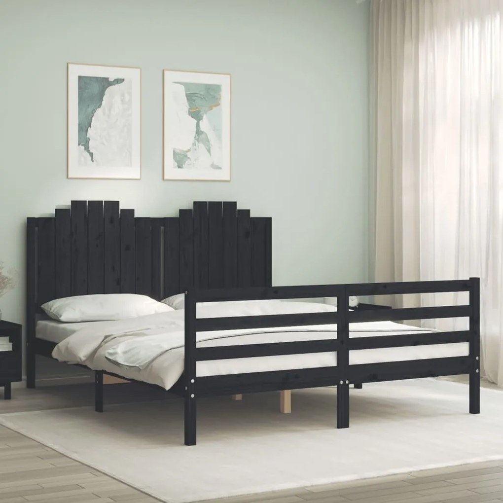vidaXL Estrutura de cama King Size com cabeceira madeira maciça preto