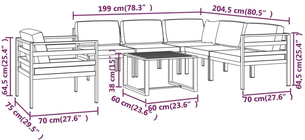 7 pcs conjunto lounge jardim com almofadões alumínio antracite