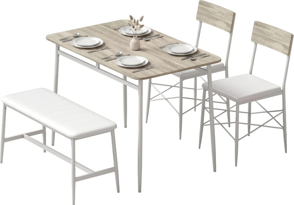 Conjunto de mesa de jantar com 2 cadeiras e um banco, assentos estofados, para sala de estar, espaços pequenos, em cor carvalho e branco