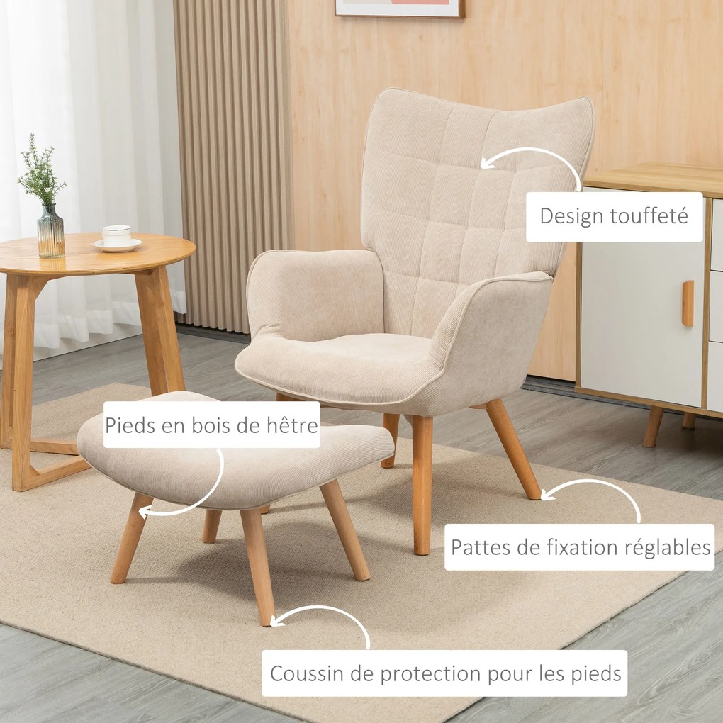 Poltrona com apoio para os pés, encosto alto, pernas de madeira e tecido com aspeto de veludo canelado, para sala de estar ou quarto, na cor bege