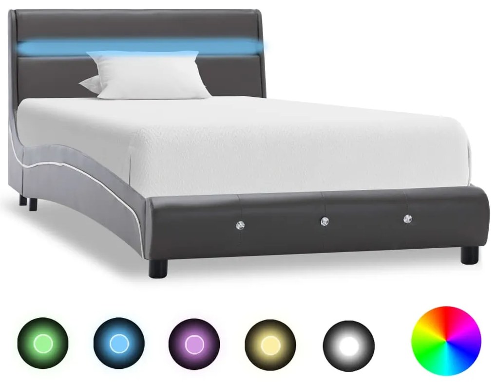 vidaXL Estrutura de cama c/ LEDs 90x200 cm couro artificial cinzento