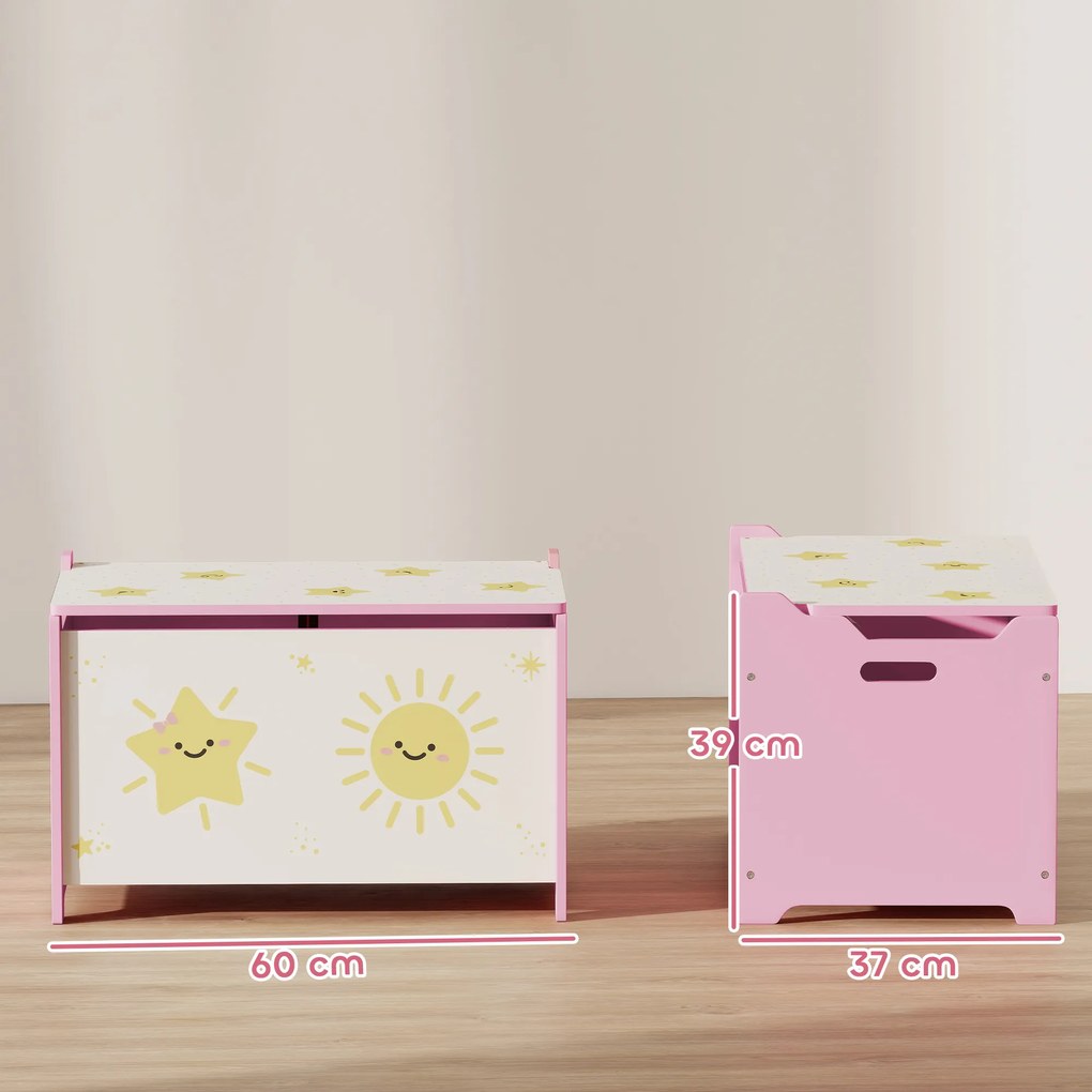 Baú Brinquedos Infantil 53 L Caixa de Arrumação Brinquedos com Tampa Rebatível e Pistão a Gás 60x37x39 cm Rosa