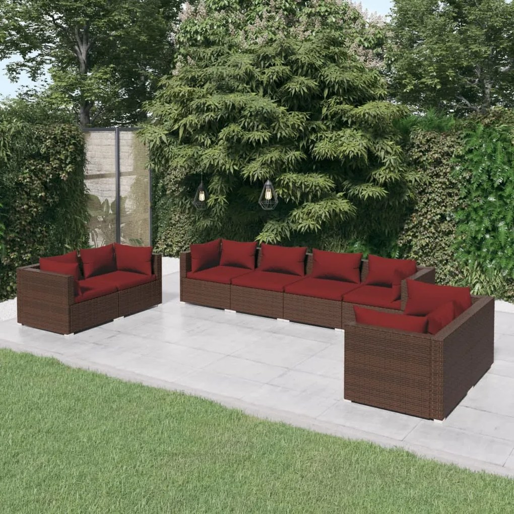vidaXL 8 pcs conjunto lounge de jardim c/ almofadões vime PE castanho
