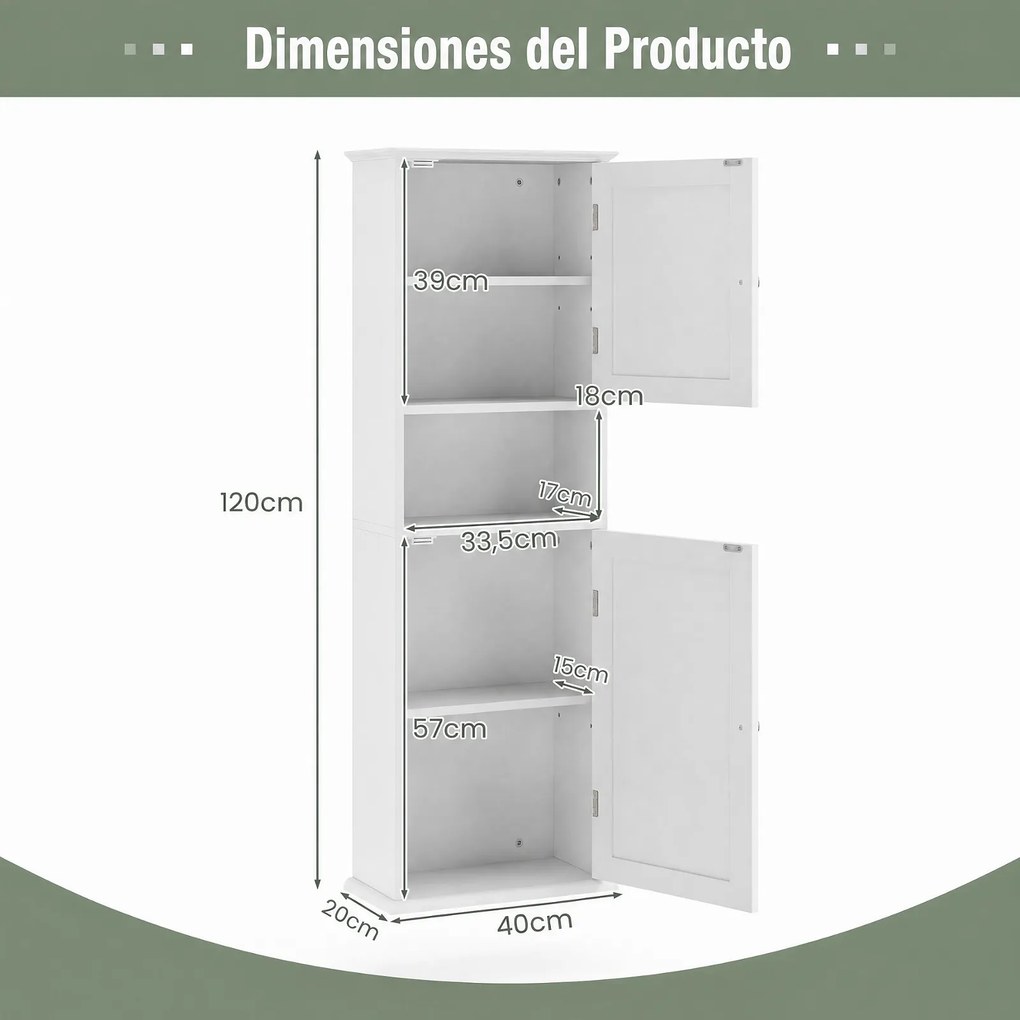 Armário de Parede para Casa de Banho, 40 x 20 x 120 cm, Prateleiras Ajustáveis, Branco
