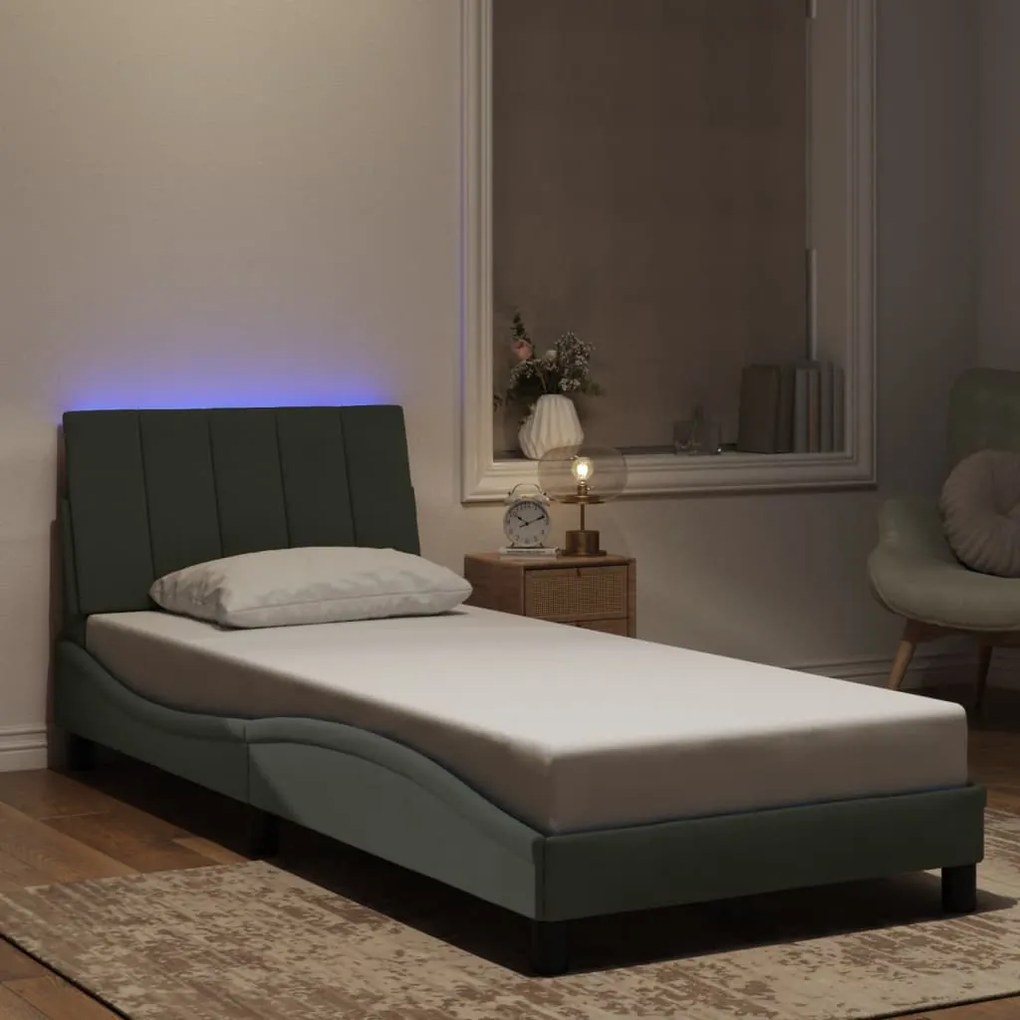 Estrutura de cama c/ luz LED 90x190 cm veludo cinzento-escuro