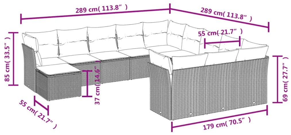 12 pcs conj. sofás jardim com almofadões vime PE cinzento-claro