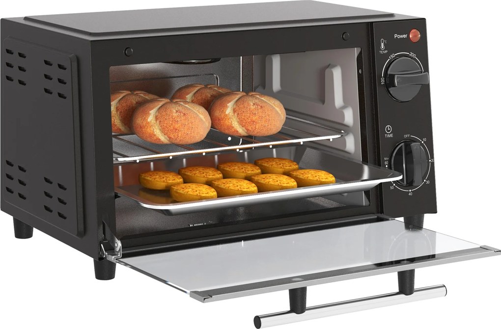 Mini Forno Elétrico 9L com Temperatura Ajustável até 230°C Temporizador 60 min e Bandeja para Assar 35x24,6x20 cm Preto