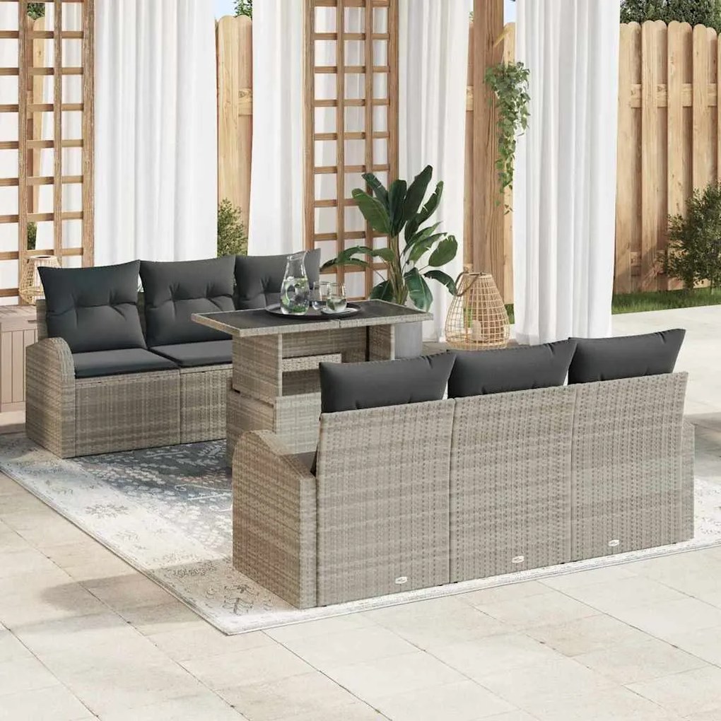 vidaXL Conjunto de Sofá de Jardim de 7 Peças com Almofadas - Rattan Poly Cinza Claro