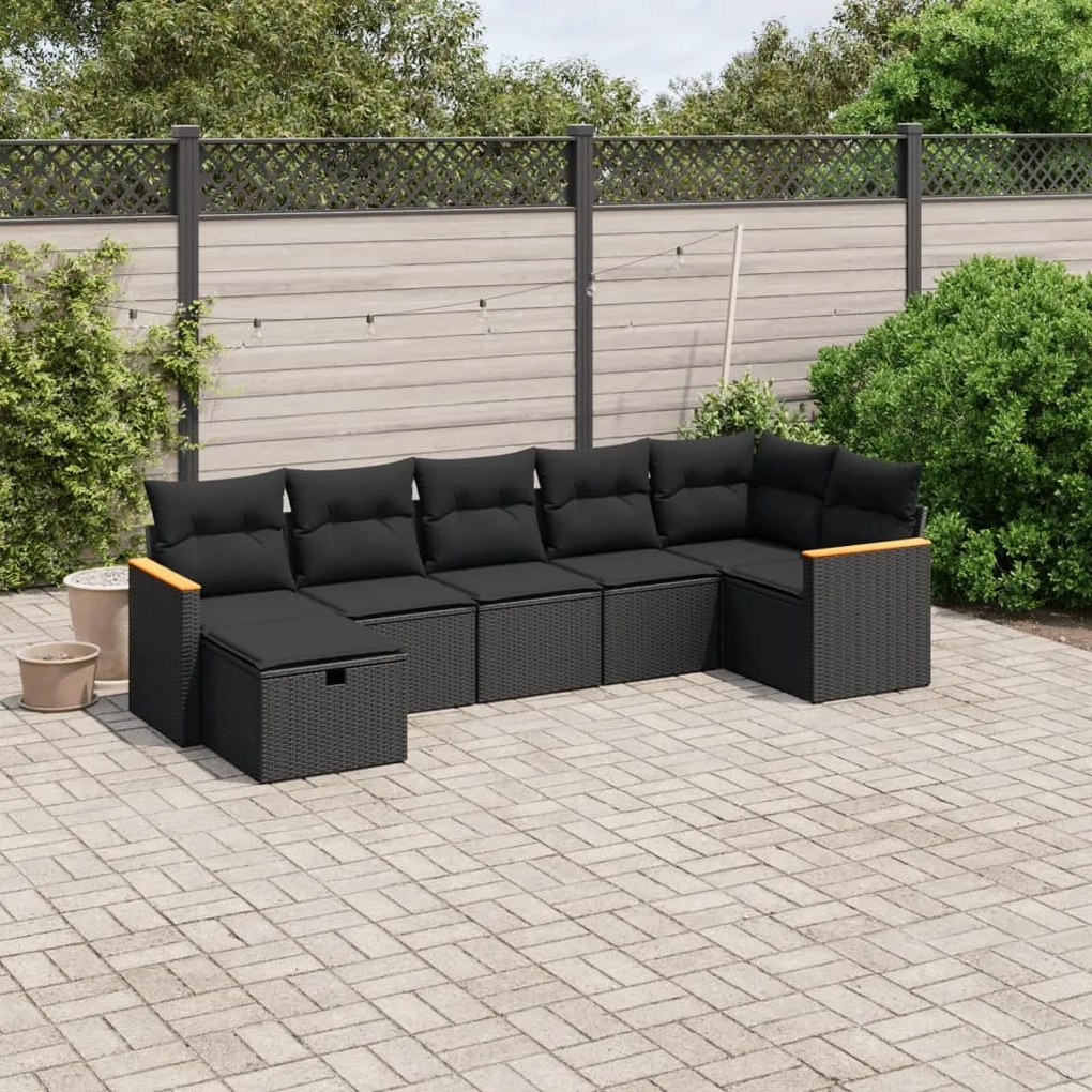 vidaXL 7 pcs conjunto de sofás p/ jardim c/ almofadões vime PE preto