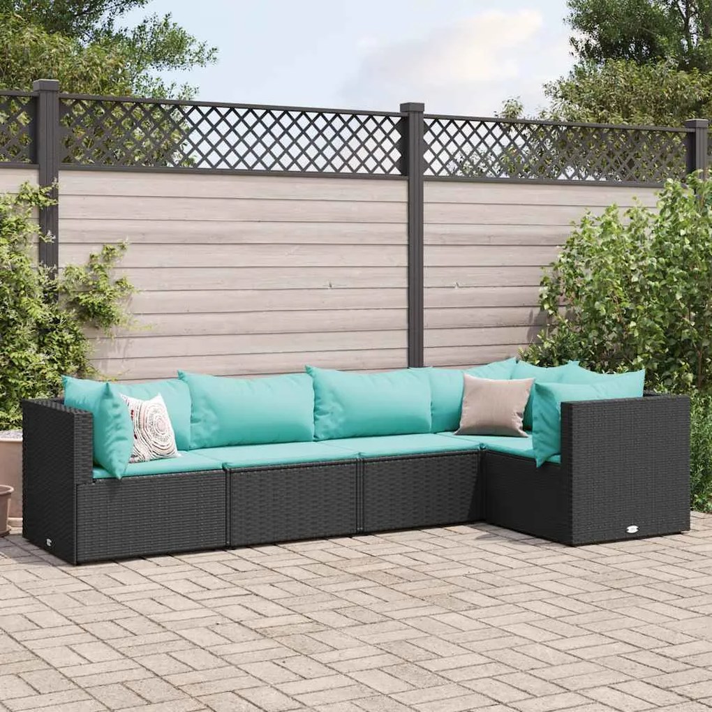 vidaXL 5 pcs conjunto lounge de jardim c/ almofadões vime PE preto