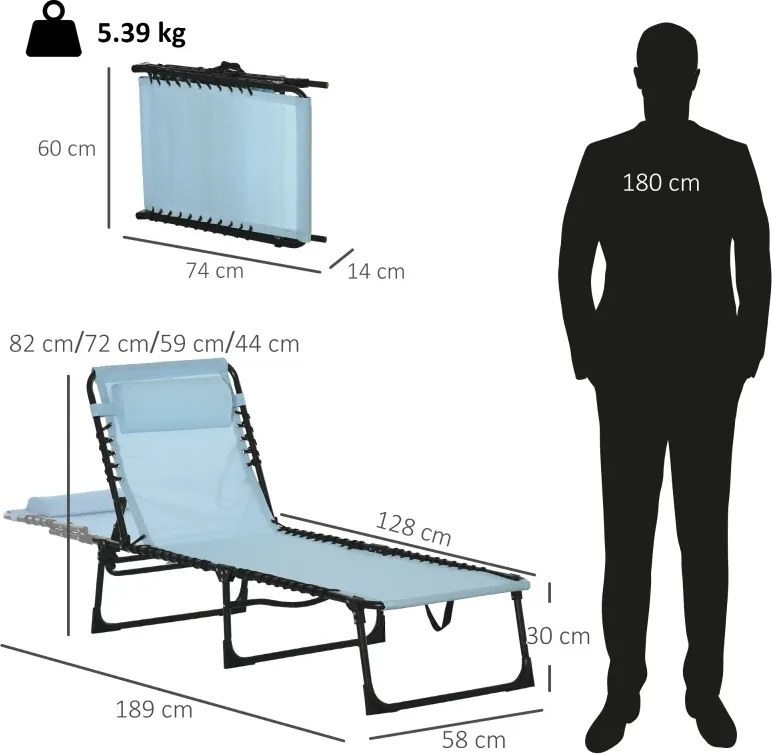 Espreguiçadeira Dobrável com Apoio de Cabeça Reclinável 4 Posições e Estrutura em Aço 189x58x30 cm Azul Claro
