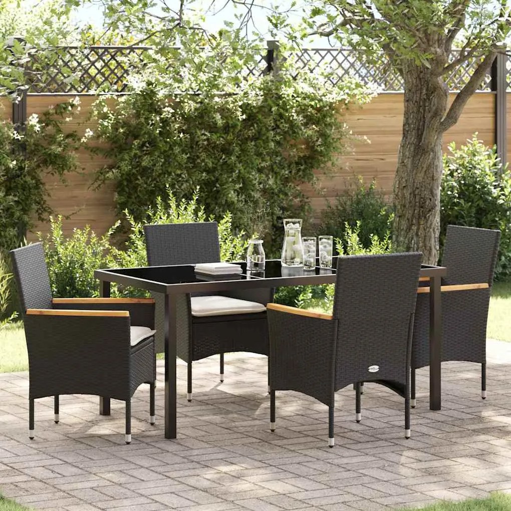 vidaXL Conjunto de Jantar para Jardim com 5 Peças da com Almofadas de Rattan Preto e Poliéster