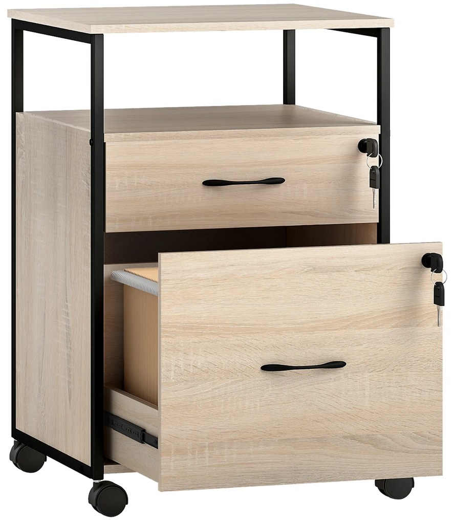 Bloco de Gavetas com Fechadura Rodas 2 Gavetas Barra Suspensa para Papéis A4 e Carta e 2 Chaves 44x40x66,5 cm Madeira