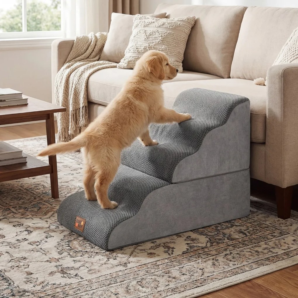 Escada Espuma Animais estimação 5 Degraus 85 x 40,5 x 56 cm, Rampa Transformável Alta Densidade Base Antiderrapante Capa Lavável  Cinza