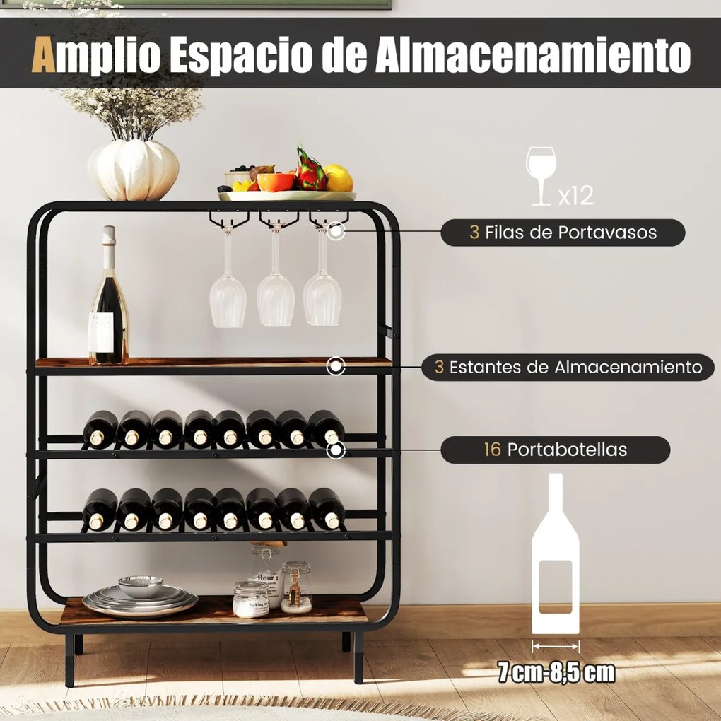 Garrafeira com capacidade para 16 garrafas 90 x 35 x 117 cm, 5 níveis e suportes para copos; Estrutura metálica industrial; prateleira de arrumação em