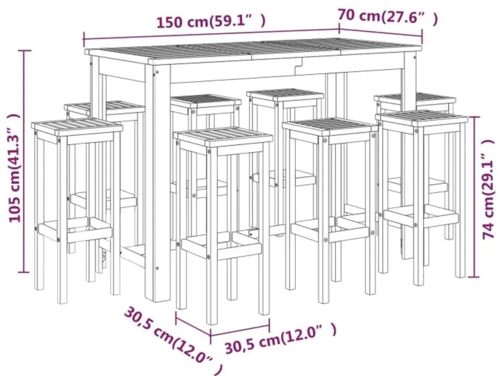 9 pcs conjunto de bar para jardim madeira de acácia maciça