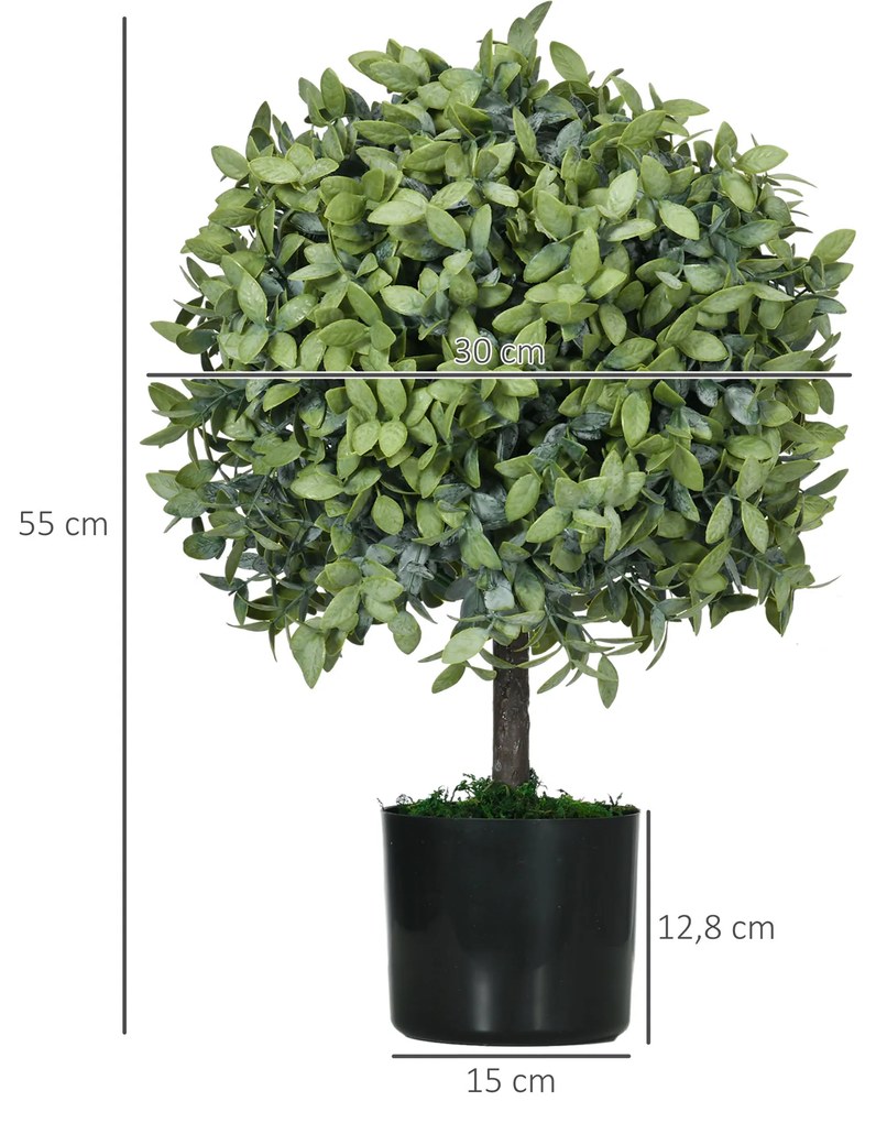 Conjunto de 2 Árvores de Chá Artificial 55 cm Planta Artificial com 343 Folhas Musgo e Vaso Planta Artificial Decorativa Verde