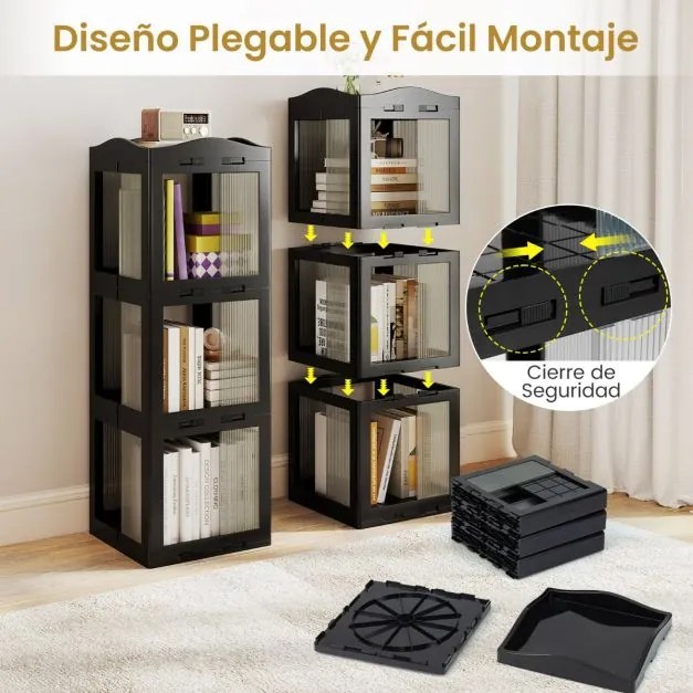 Estante com base giratória giratória 360° com 3 níveis em Plástico dobrável 36,5 x 36 x 108 cm com prateleiras Preta