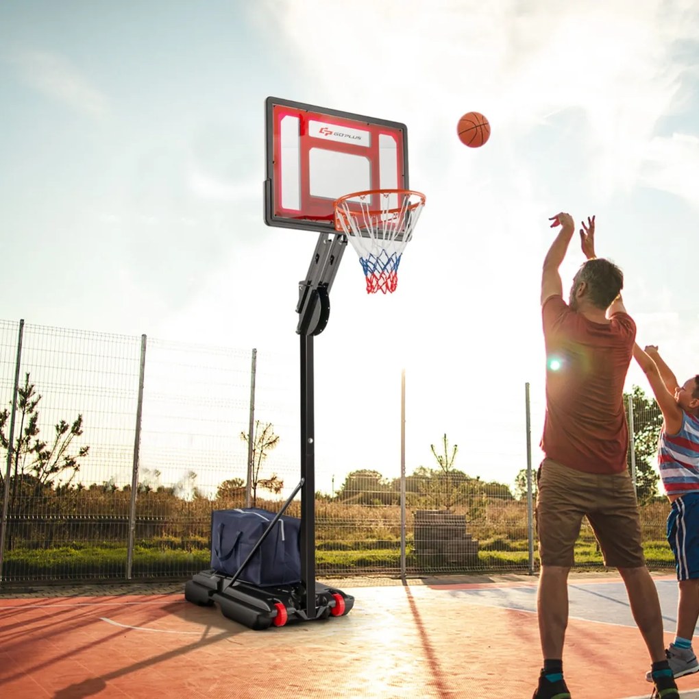 Cesto de basquetebol portátil para todas as condições climatéricas com 10 alturas de 1,55 m a 3,1 m Vermelho e preto