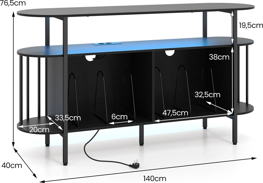 Móvel para Gira-Discos, 140 x 40 x 76,5 cm, Iluminação LED RGB, Preto