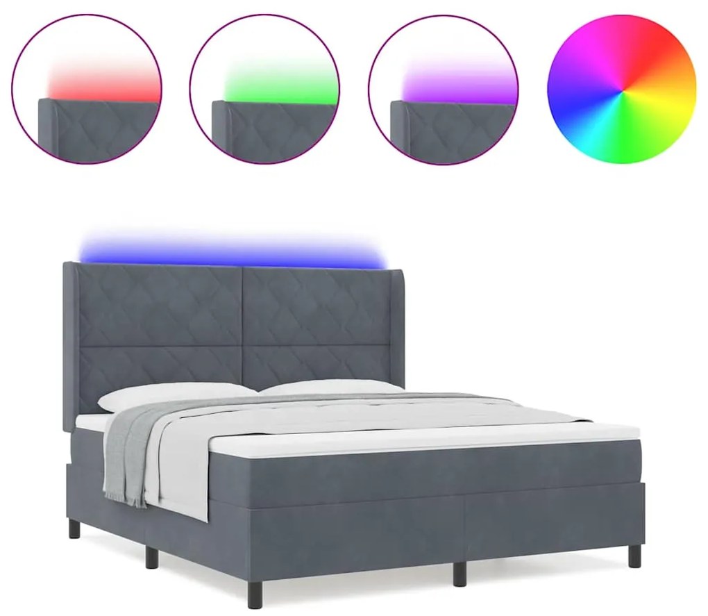 Cama Box com Colchão e LED vidaXL Cinza Escuro 180x200 cm Veludo