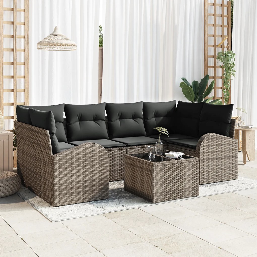 Conjunto de Sofás de Jardim de 7 Peças com Almofadas Cinzas de Polirra
