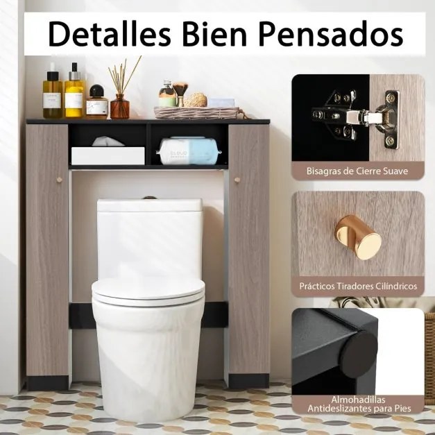 Estante sobre sanita de casa de banho 87,5 x 18 x 98 cm com 2 portas e 2 compartimentos abertos Preto e Castanho