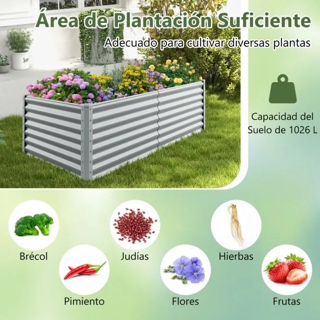 Floreira elevada de metal para jardim 180 x 95 x 60 cm, cama de cultivo retangular com barras reforçadas e fundo aberto, cinzenta