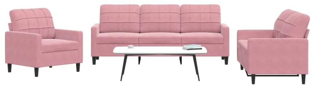 3 pcs conjunto de sofás com almofadões veludo rosa