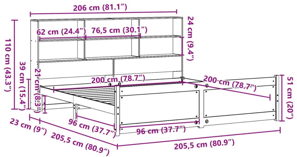 Cama com estante sem colchão 200x200 cm pinho maciço branco