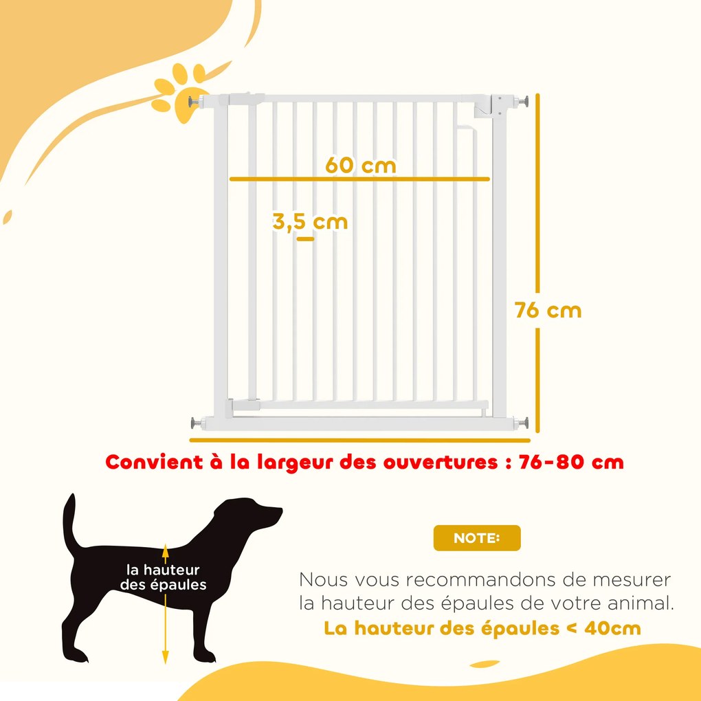 Barreira de segurança para cães e bebés, de 76 a 80 cm, com extensão e fixação por pressão, sem necessidade de perfuração, de 76 a 80 cm, branca