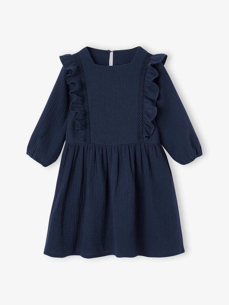 Agora -25% | Vestido com folhos, em gaze de algodão, para menina marinho