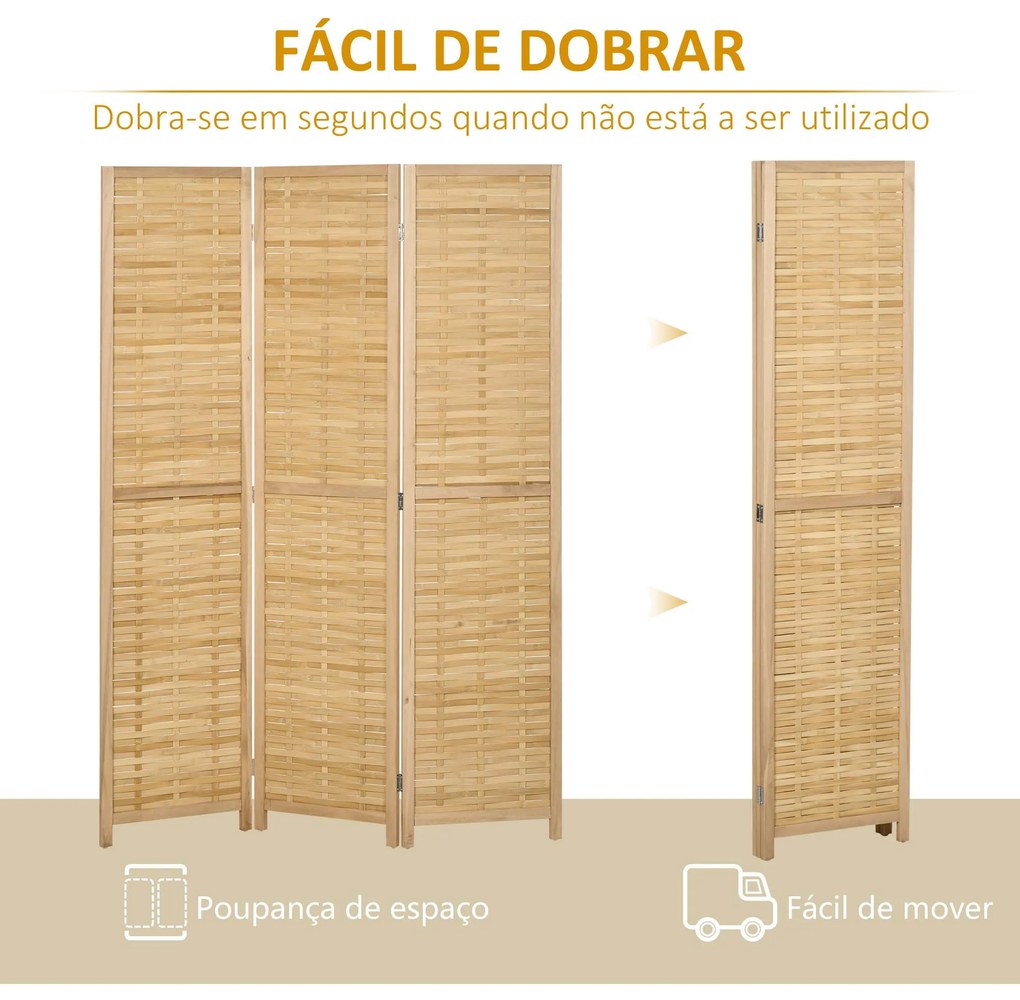 Biombo de 3 Paineis Separador de Ambientes Dobrável 120x1,8x170 cm Divisor de Ambientes com Padrão Tecido em Bambu Madeira