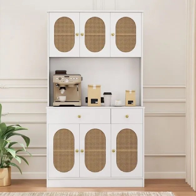 Armário de cozinha 100 x 40 x 180 cm com Estação de carregamento 6 portas Rattan Estilo boho, 2 gavetas 4 prateleiras ajustáveis Branco e Natural