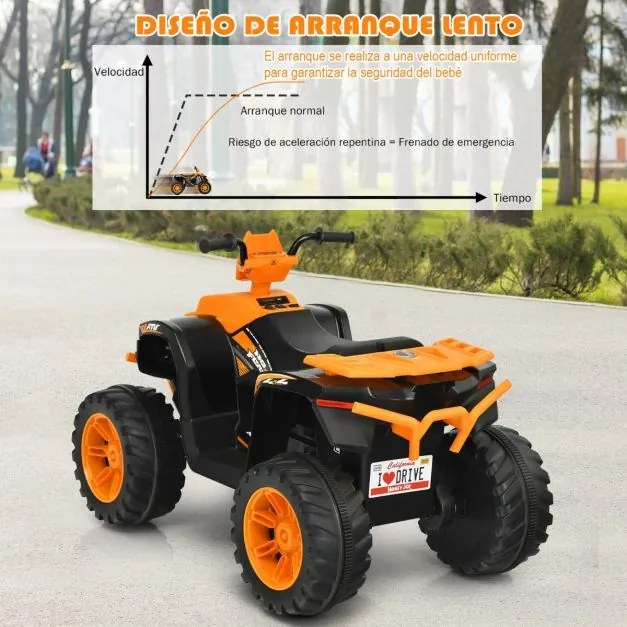 Moto 4 para crianças elétrica a bateria 12V Marcha à frente e atrás Velocidade alta e baixa com música Luzes LEDs Laranja