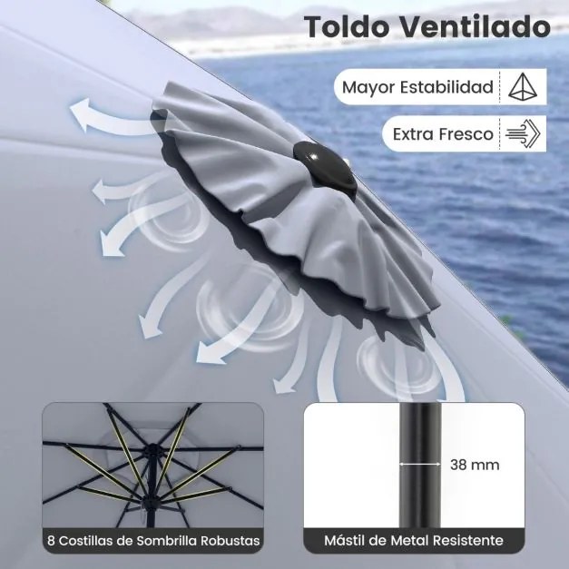 Guarda-sol jardim de 270 cm com 8 varas robustas, toldo ventilado resistente com inclinação por botão Cinzento