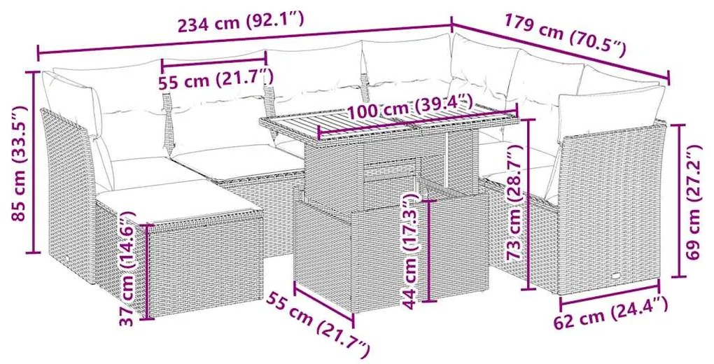8 pcs conjunto de sofás p/ jardim com almofadões vime PE bege