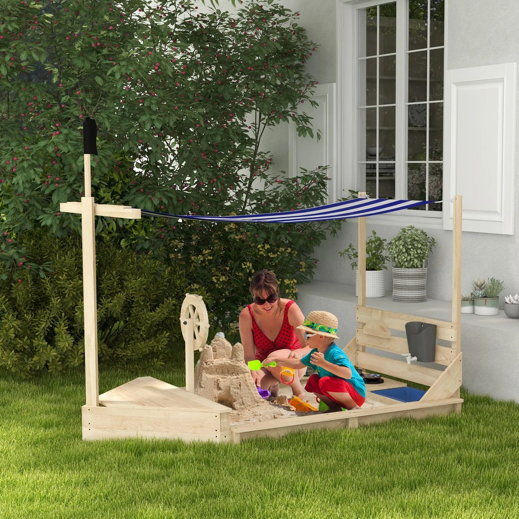 Caixa de Areia para Crianças de Madeira com Toldo Brinquedos de Cozinha e Forma de Barco para Jardim 180x103x145 cm Natural