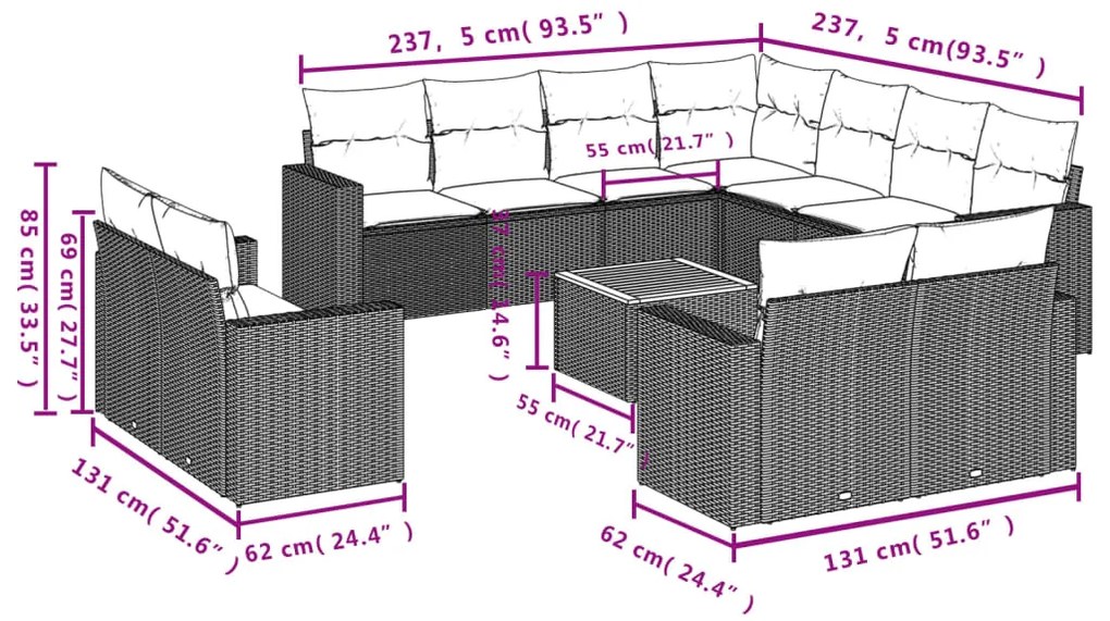 12 pcs conjunto de sofás p/ jardim com almofadões vime PE bege