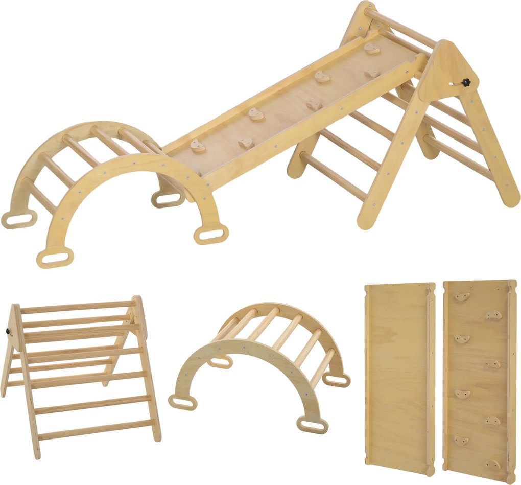 Triângulo de Escalada de Madeira 5 em 1 Escada para Crianças de 18-48 Meses com Rampa e Arco de Escalada 178x64,5x63 cm Madeira
