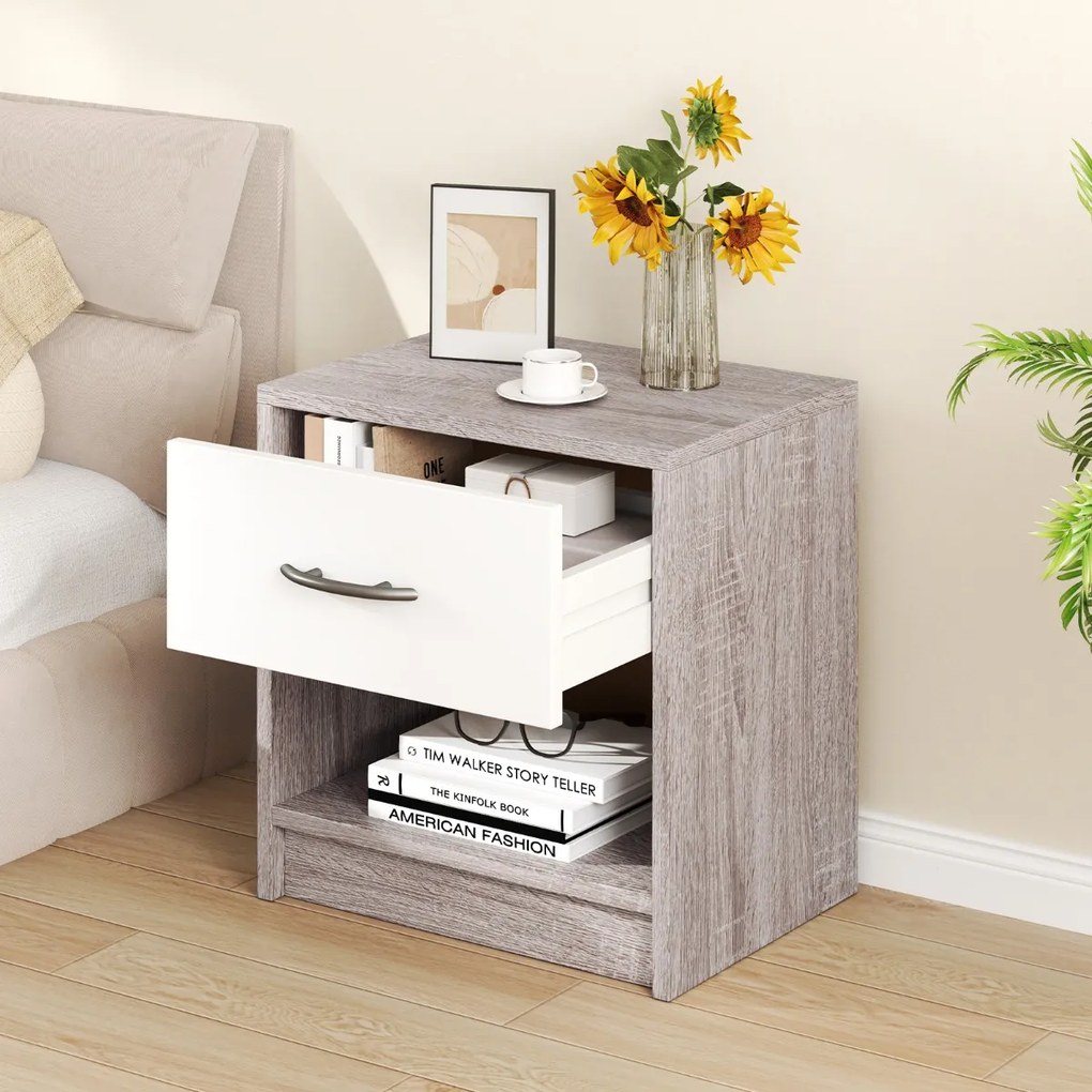 Mesa de cabeceira com gaveta e prateleira de armazenamento aberta - Branco