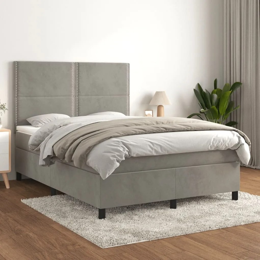 vidaXL Cama com molas/colchão 140x200 cm veludo cinzento-claro