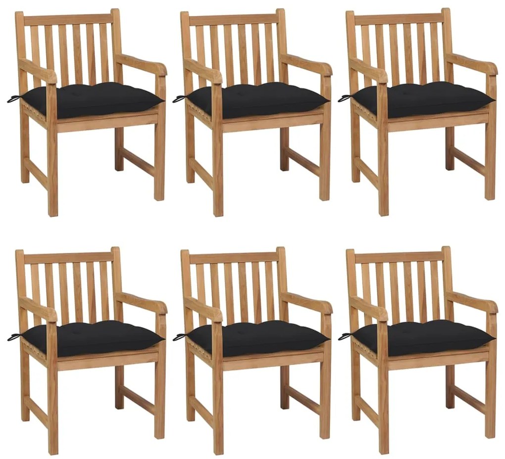 Cadeiras de jardim c/ almofadões pretos 6 pcs teca maciça