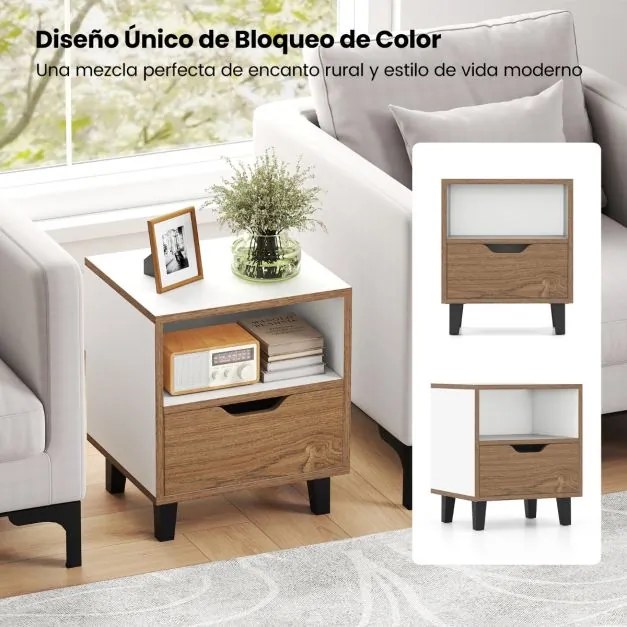 Mesas de cabeceira ou mesa de apoio moderna com gaveta Estante aberta para arrumação Pernas de metal Castanho + Branco