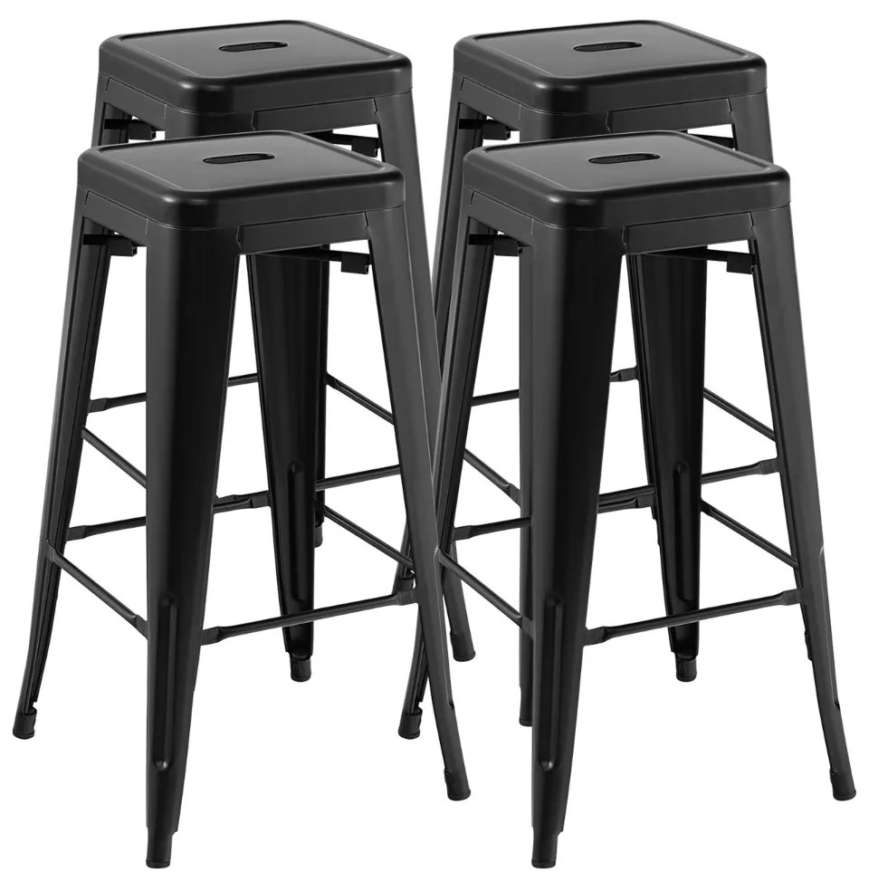Conjunto de 4 bancos empilháveis de metal com almofadas de borracha e orifício de fixação para cozinha, sala de jantar ou bar 41 x 41 x 76 cm Preto
