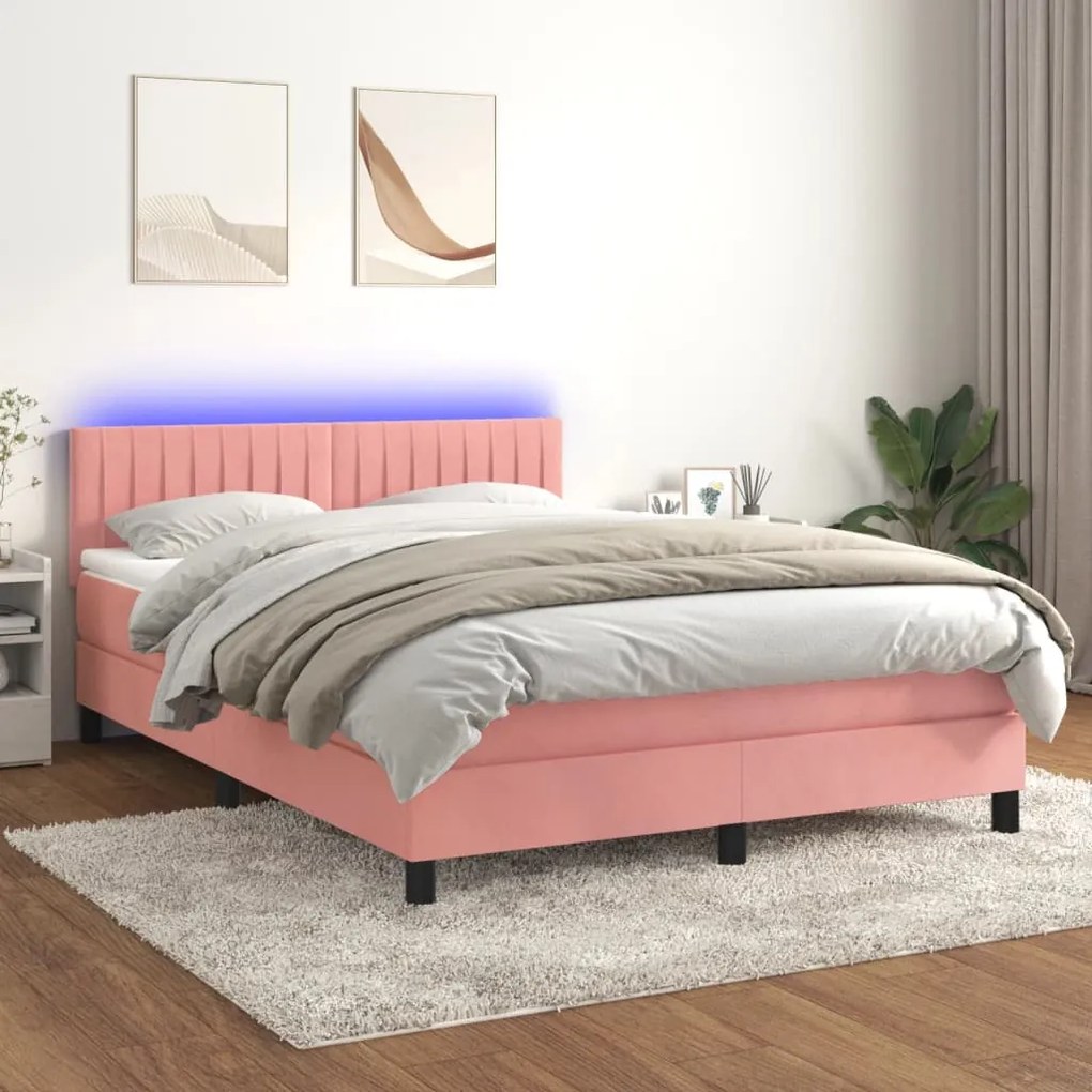 Cama box spring c/ colchão/LED 140x190 cm veludo rosa