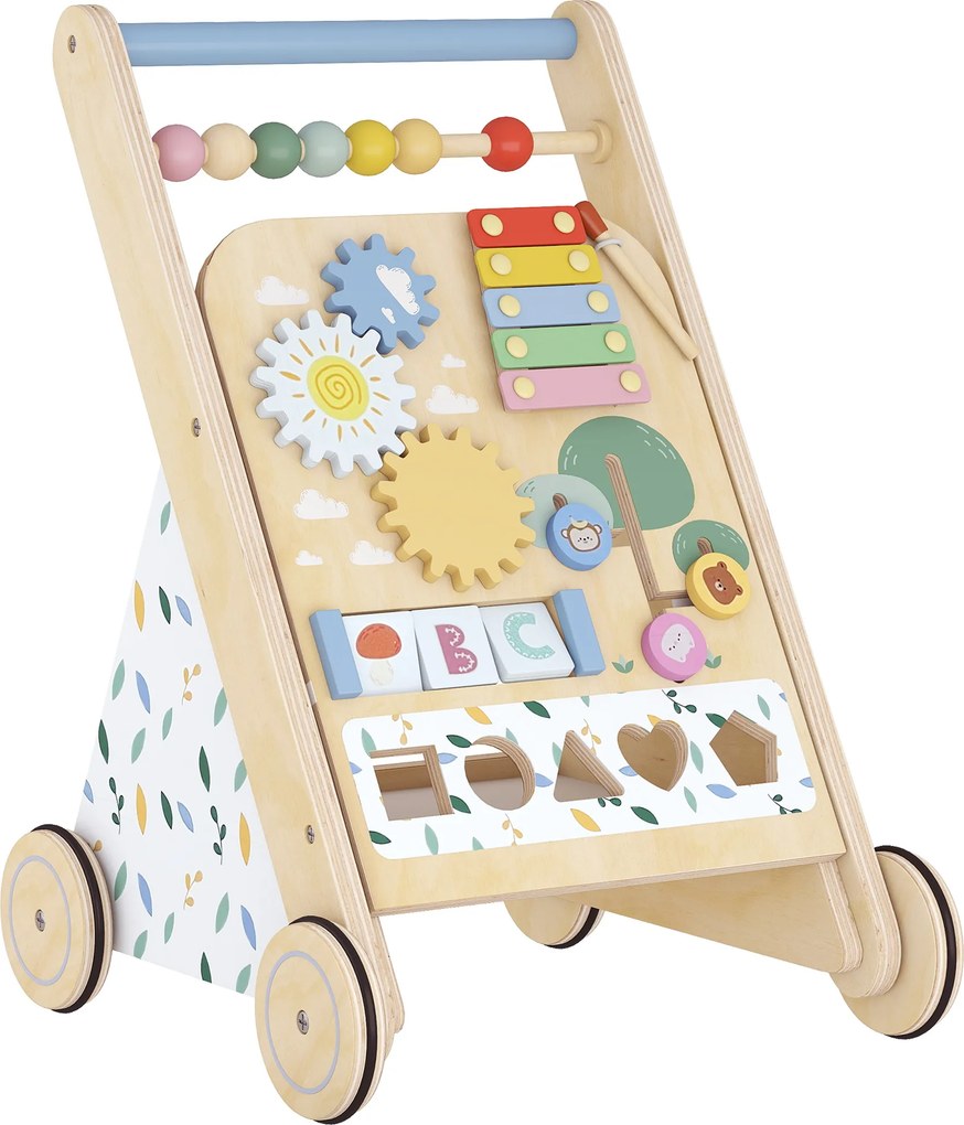 AIYAPLAY Andarilho de Madeira para Bebé com Atividades Montessori, Controlo de Velocidade, 5 Blocos e Rodas, Natural | Aosom Portugal