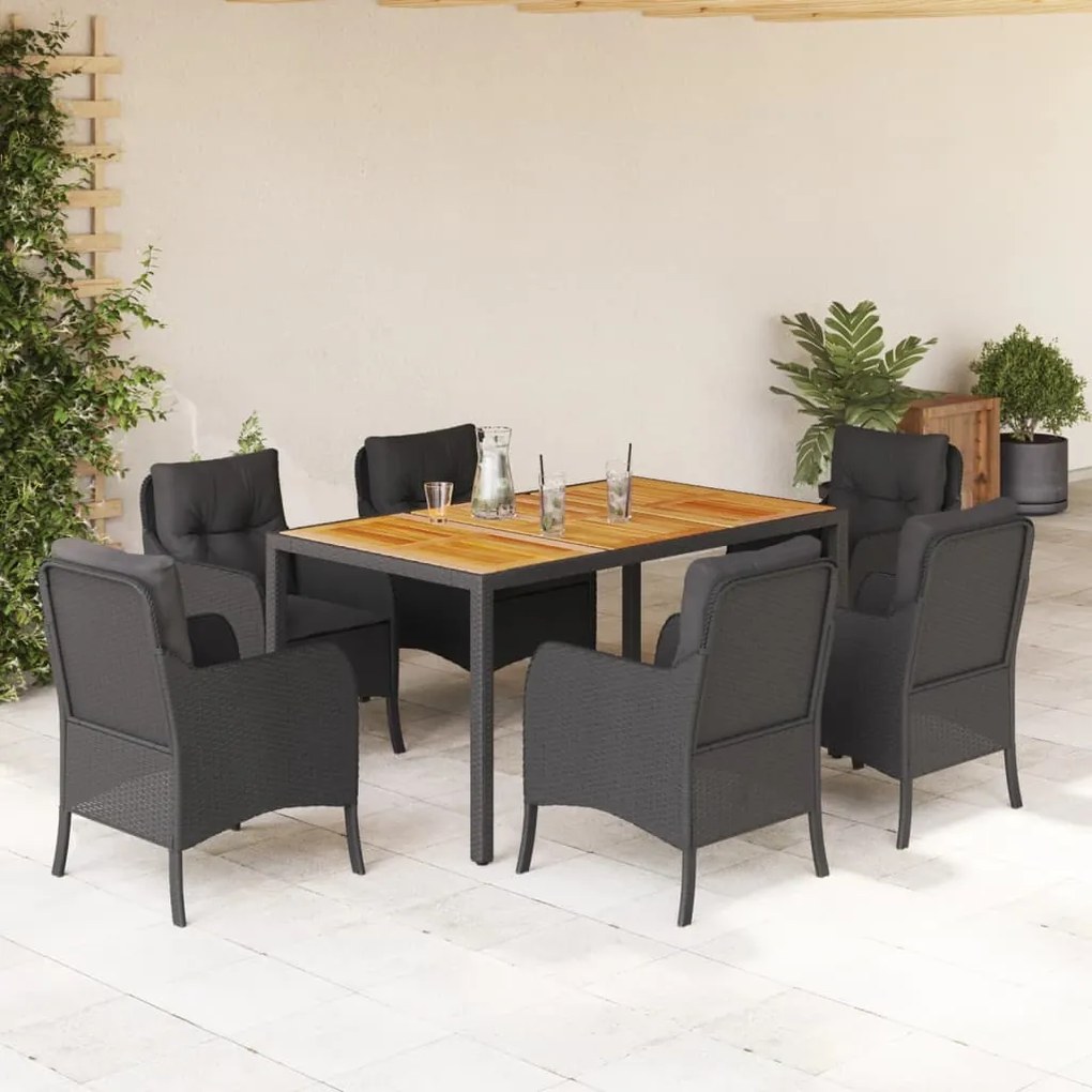 7 pcs conjunto de jantar p/ jardim c/ almofadões vime PE preto