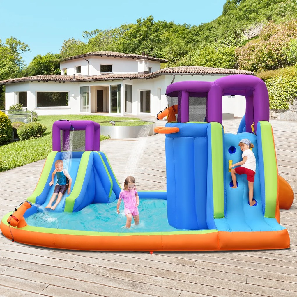 Castelo inflável com ventilador de 680 W, toboágua, parede de escalada, cesta de basquete, pistola de água